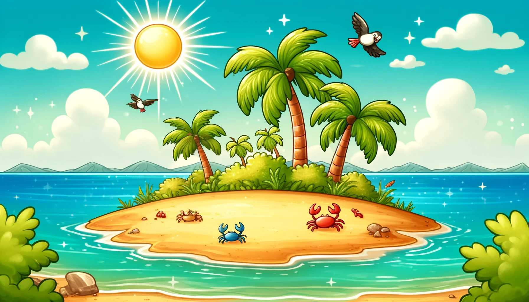 A cheerful image of a desert island. There are palm trees, crabs, birds and sunshine but no people. It is a very bright and colourful picture.