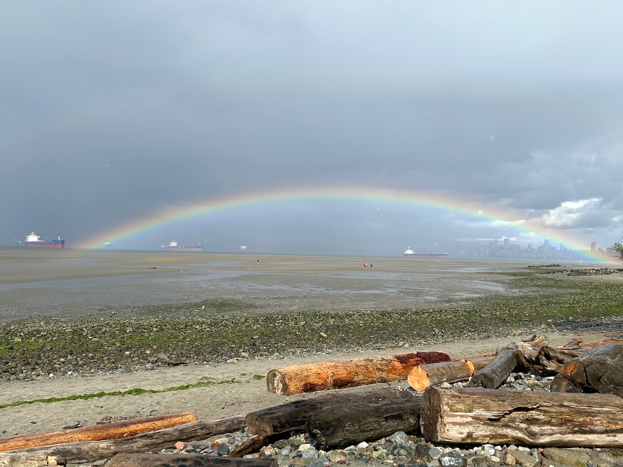 Full rainbow across an ocean bay at low tide, with a beach in the foreground and grey skies above the rainbow. Empty container ships dot the bay in the background.