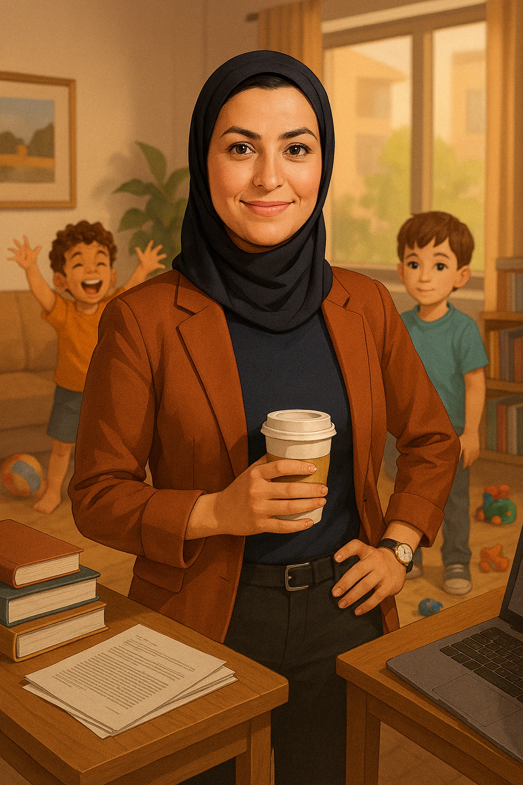 Dynamic illustration of a multitasking mother and professional, smiling with a coffee in hand, surrounded by her two boys, books, and a buzzing home workspace—a portrait of balance and ambition.