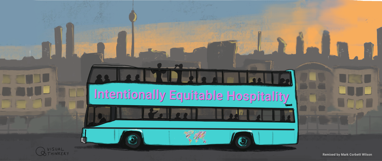 Blue double-decker bus with “Intentionally Equitable Hospitality” in pink on its side, driving through a cityscape at sunset.