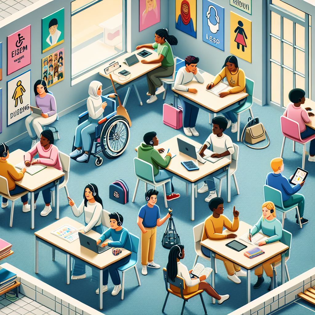 prompt: isometric art of an inclusive, modern classroom filled with diverse students actively engaging in different ways: one student speaks during a group discussion, another writes quietly at their desk, a student uses a tablet with assistive technology, and another participates via video call. The room is bright and welcoming, with posters reflecting cultural diversity, universal design icons (like ramps, headphones, and braille), and flexible furniture arrangements. The scene radiates a sense of belonging, creativity, and equity in learning.
